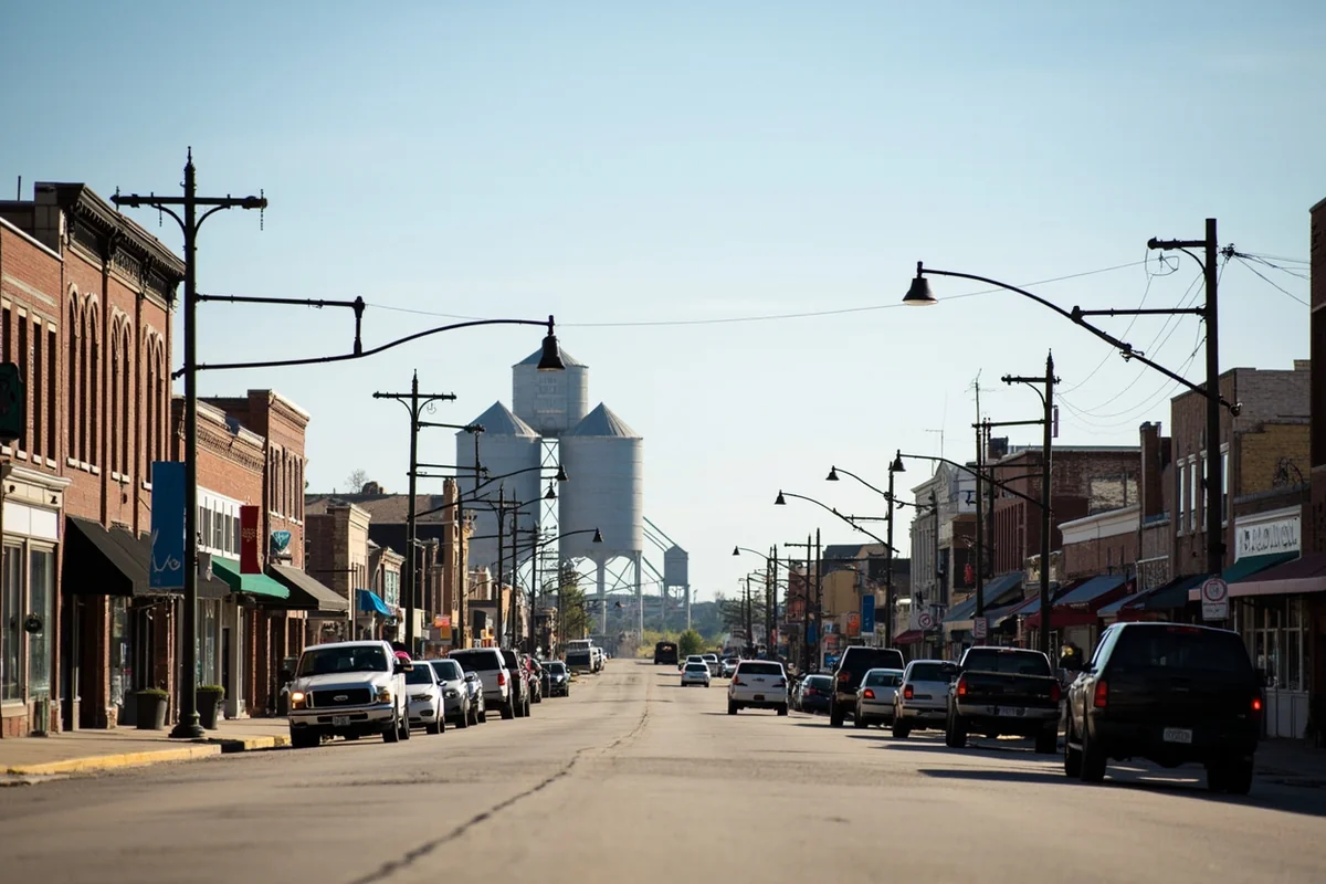 main street of Wolf Point, Montana showing the small-town downtown with grain elevator visible in the distance