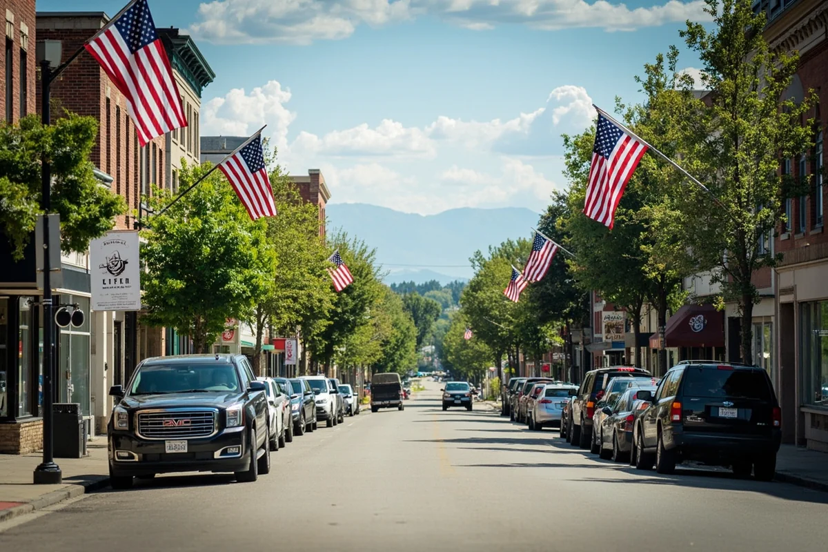 Main Street Sidney Montana on a summer afternoon with American flags and storefronts
