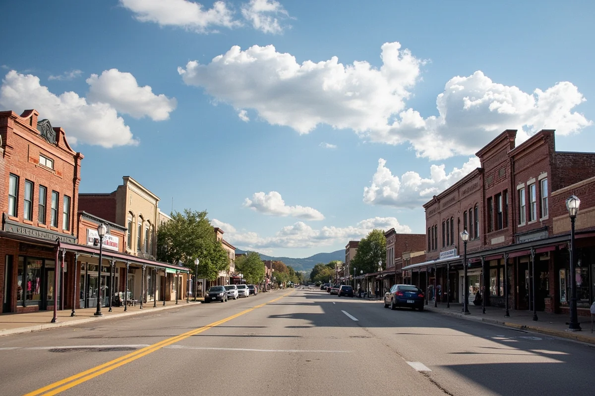 Main street view of Ryegate showing historic buildings and wide street typical of small Montana railroad towns