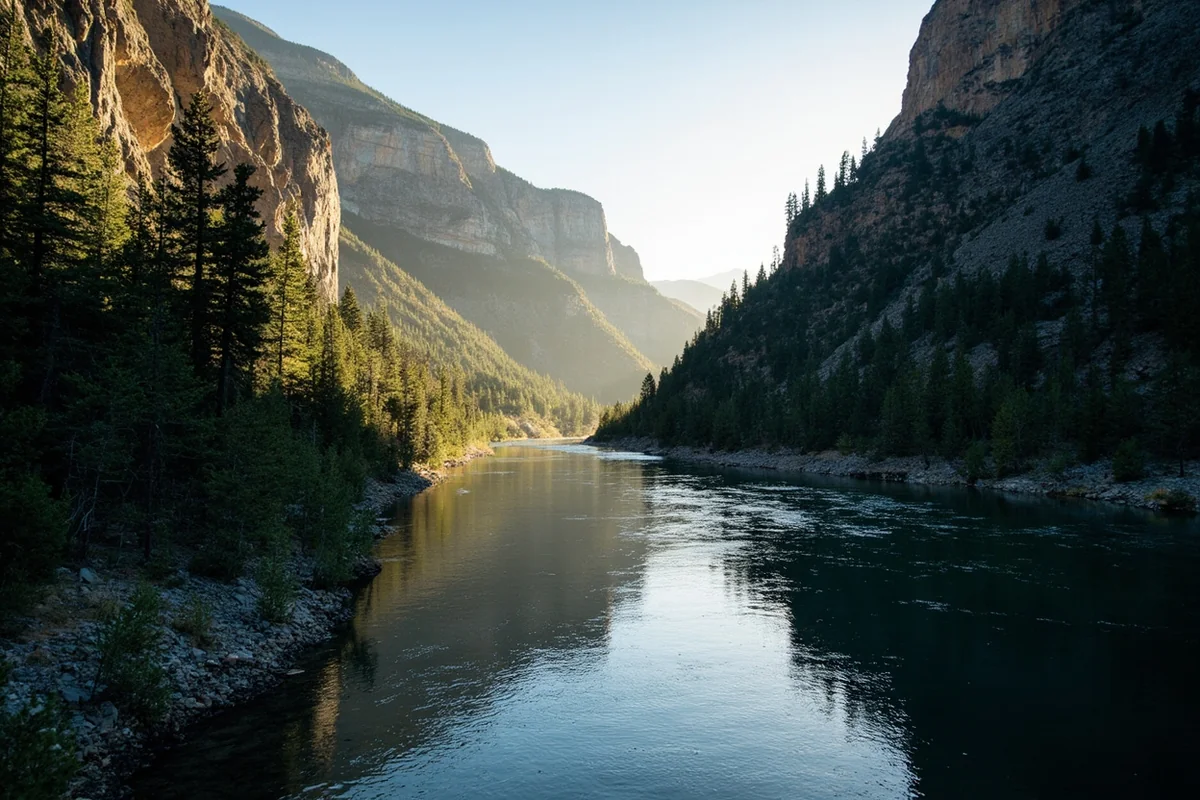 Morning light on the Blackfoot River corridor with canyon walls and clear water visible