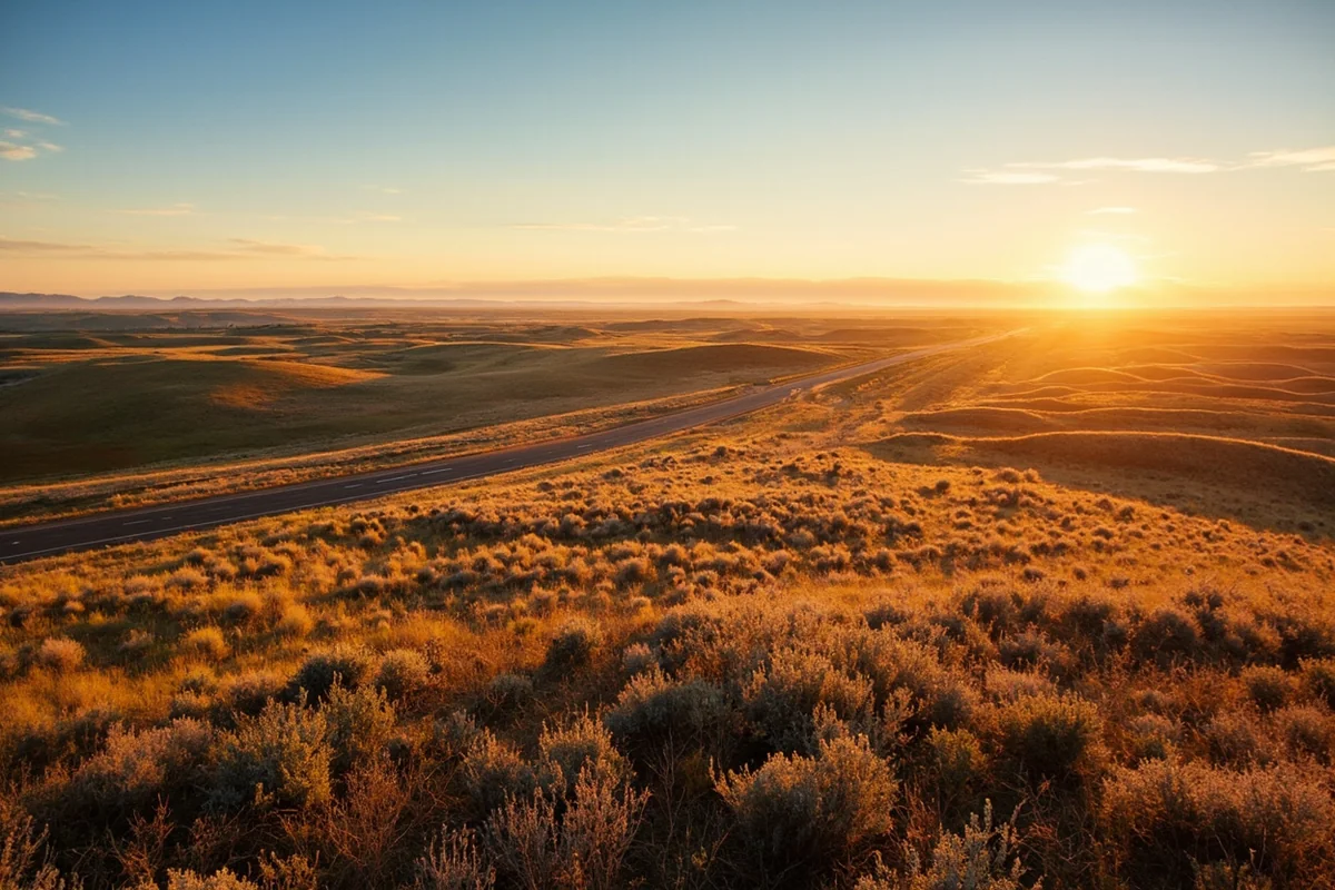 Panoramic view of eastern Montana prairie at golden hour, with rolling hills, sage, and a two-lane highway stretching to the horizon