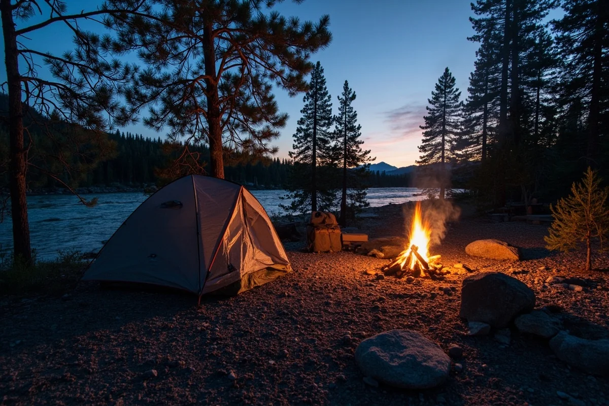 Primitive campsite on a cottonwood-shaded gravel bar along the Yellowstone River at dusk, with a small tent and camp fire