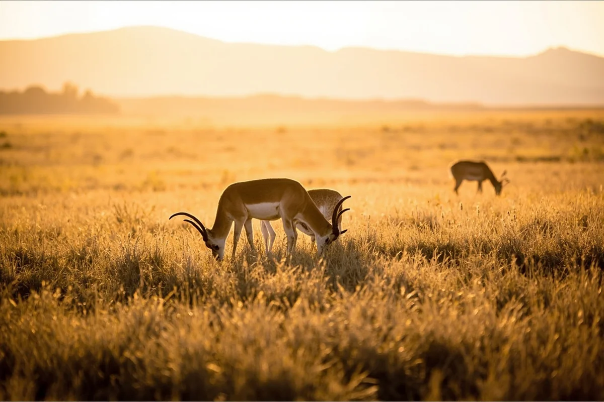 Pronghorn antelope grazing on shortgrass prairie in Phillips County, Montana, with low evening light casting long shadows across the landscape