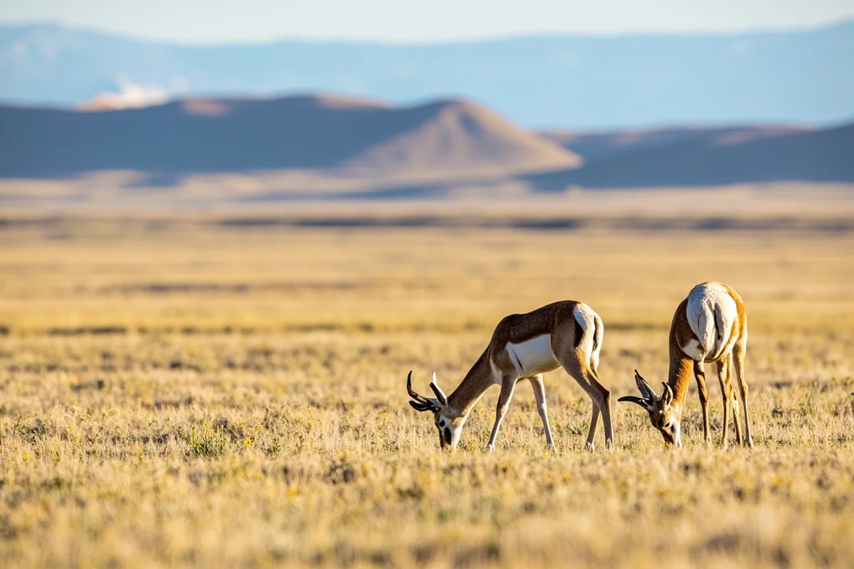 Pronghorn antelope grazing on the shortgrass prairie near Terry, Montana, with badland formations visible in the background