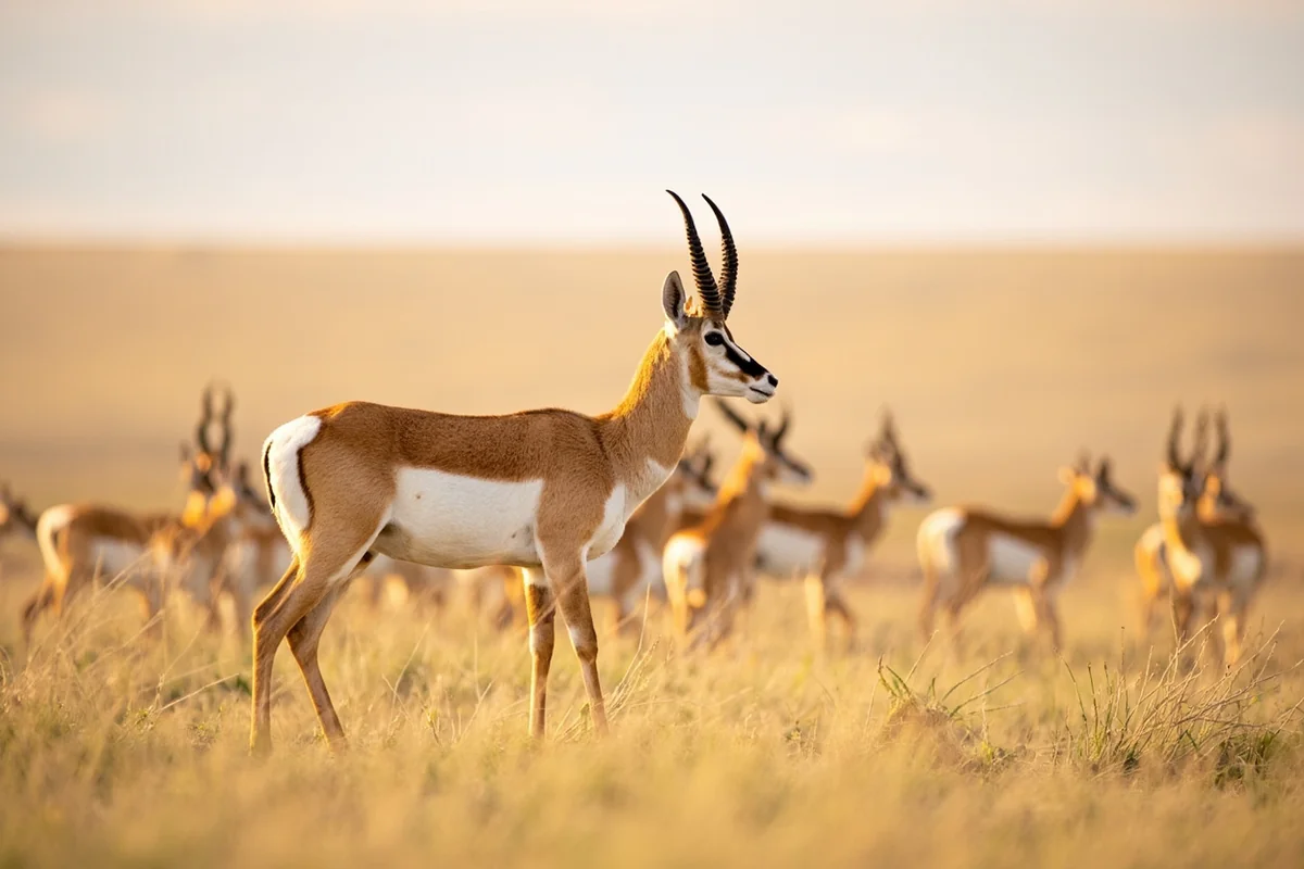 Pronghorn antelope herd on open prairie with one buck standing alert