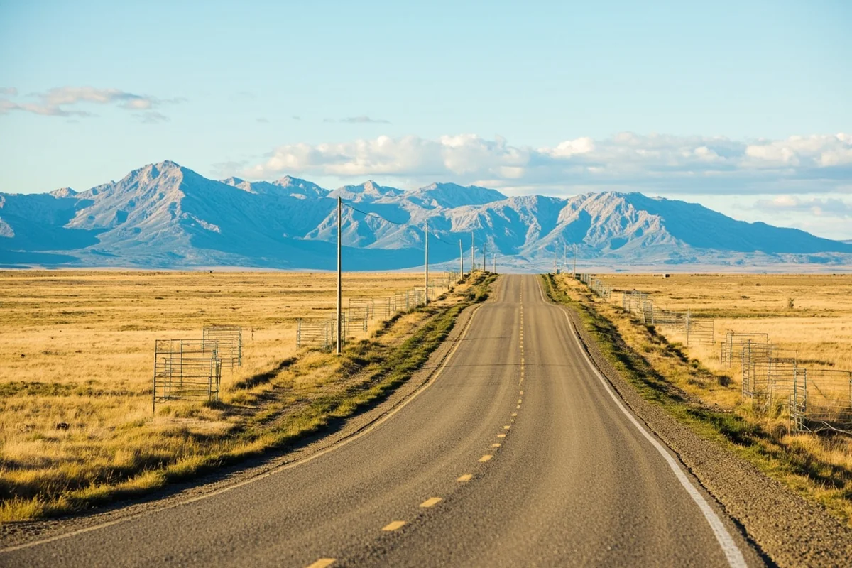 Ranch land and fencing along a county road in northern Stillwater County with the Beartooth foothills visible to the south under a wide Montana sky