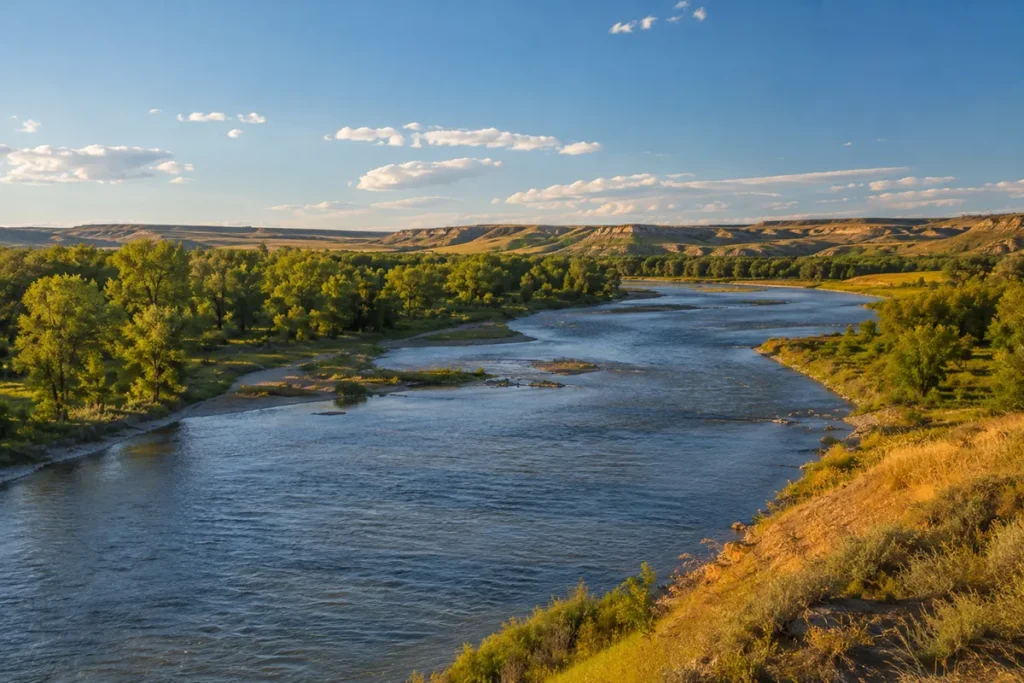 Yellowstone River flowing through cottonwood trees near Miles City in Custer County Montana