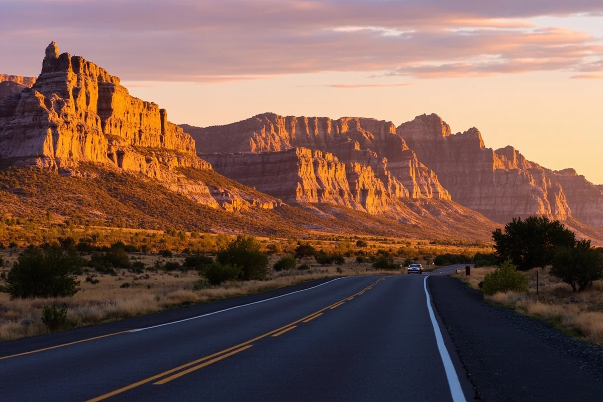 Rocky Mountain Front at sunset viewed from highway near Choteau, dramatic limestone cliffs catching golden light