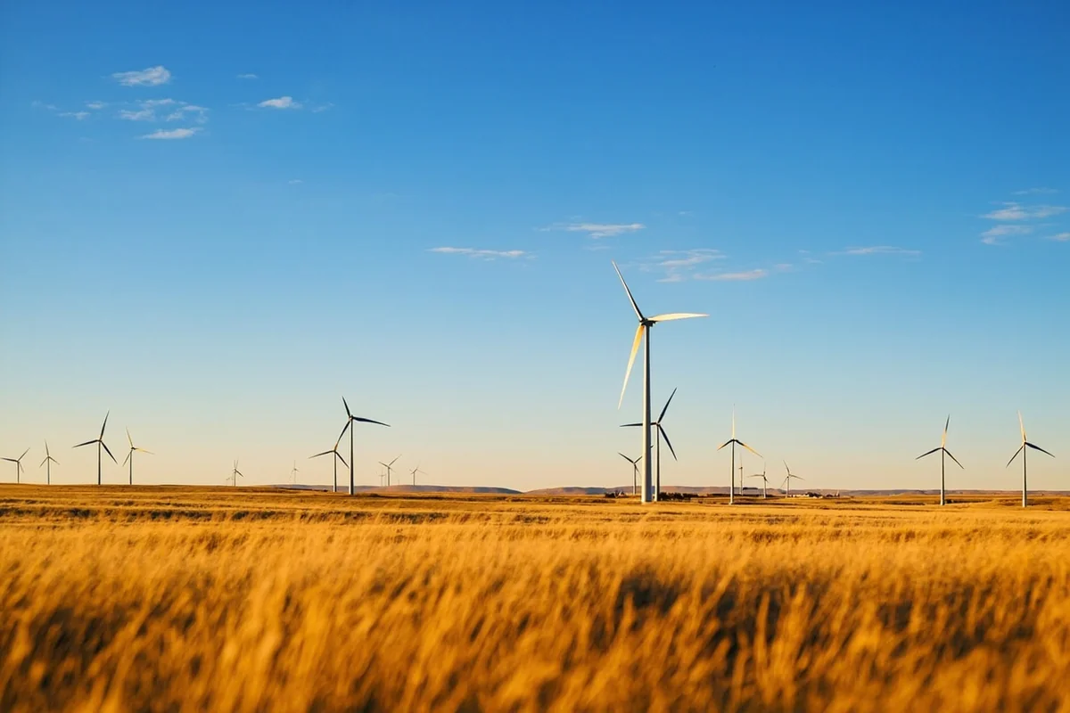 Rows of large wind turbines in the Judith Gap with golden prairie grass in the foreground and a wide Montana sky above