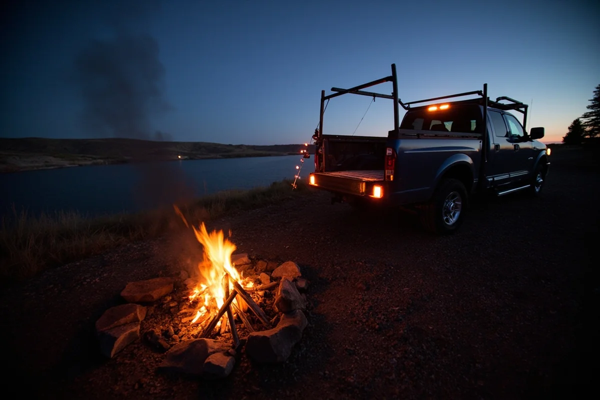 Rustic campsite beside Fort Peck Reservoir in the evening, with a campfire, fishing rods leaning against a truck, and the reservoir glowing at dusk