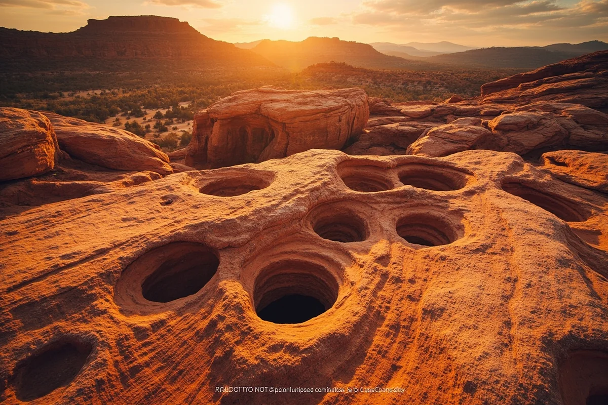Sandstone formations at Medicine Rocks State Park, holes and eroded patterns in golden light