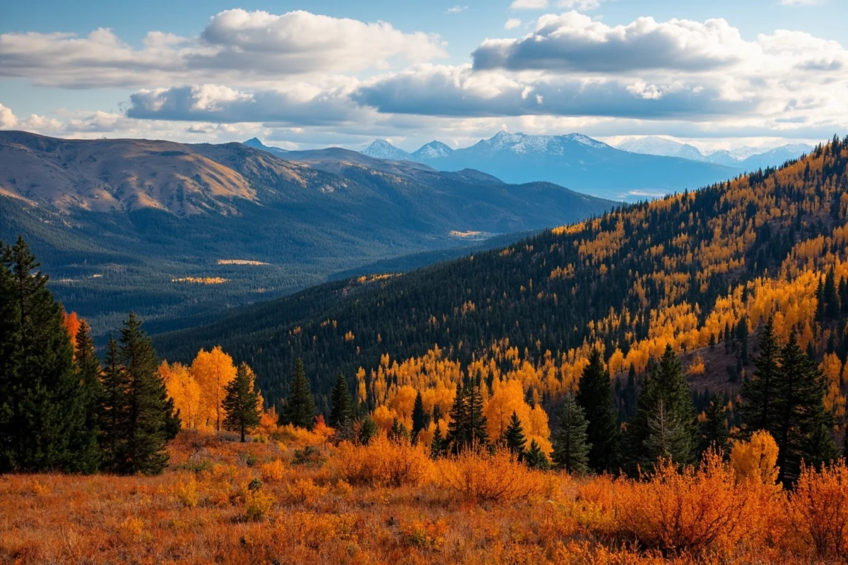 Scenic view of Lolo Pass with autumn colors on hillsides and the Bitterroot Range visible