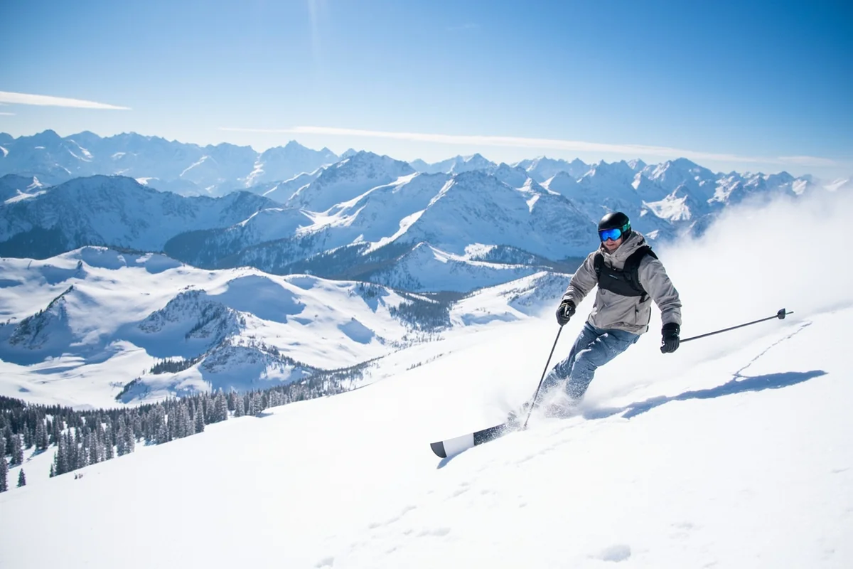 Skier on fresh powder run with mountain peaks behind at Big Sky