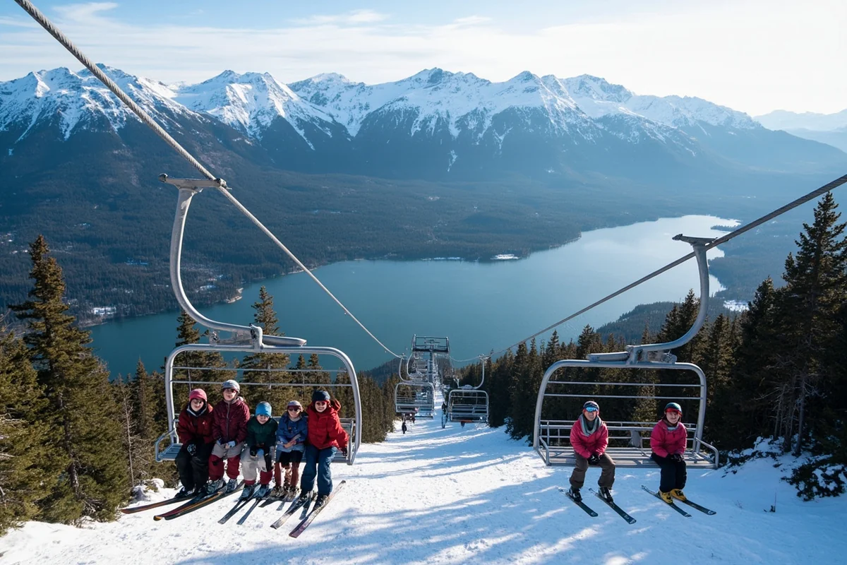 Skiers on chair lift at Discovery Basin with Georgetown Lake visible in valley below