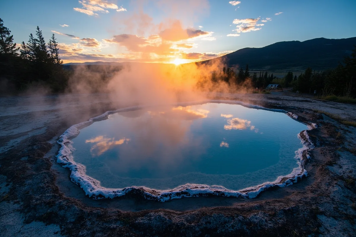 Steam rising from a natural hot springs pool at dusk in southwest Montana mountains