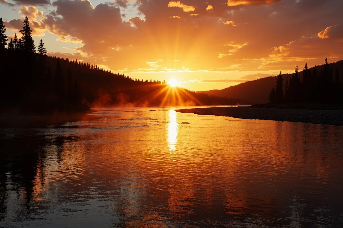 Sunset over the Yellowstone River near Big Timber, Montana with golden light reflecting on the water