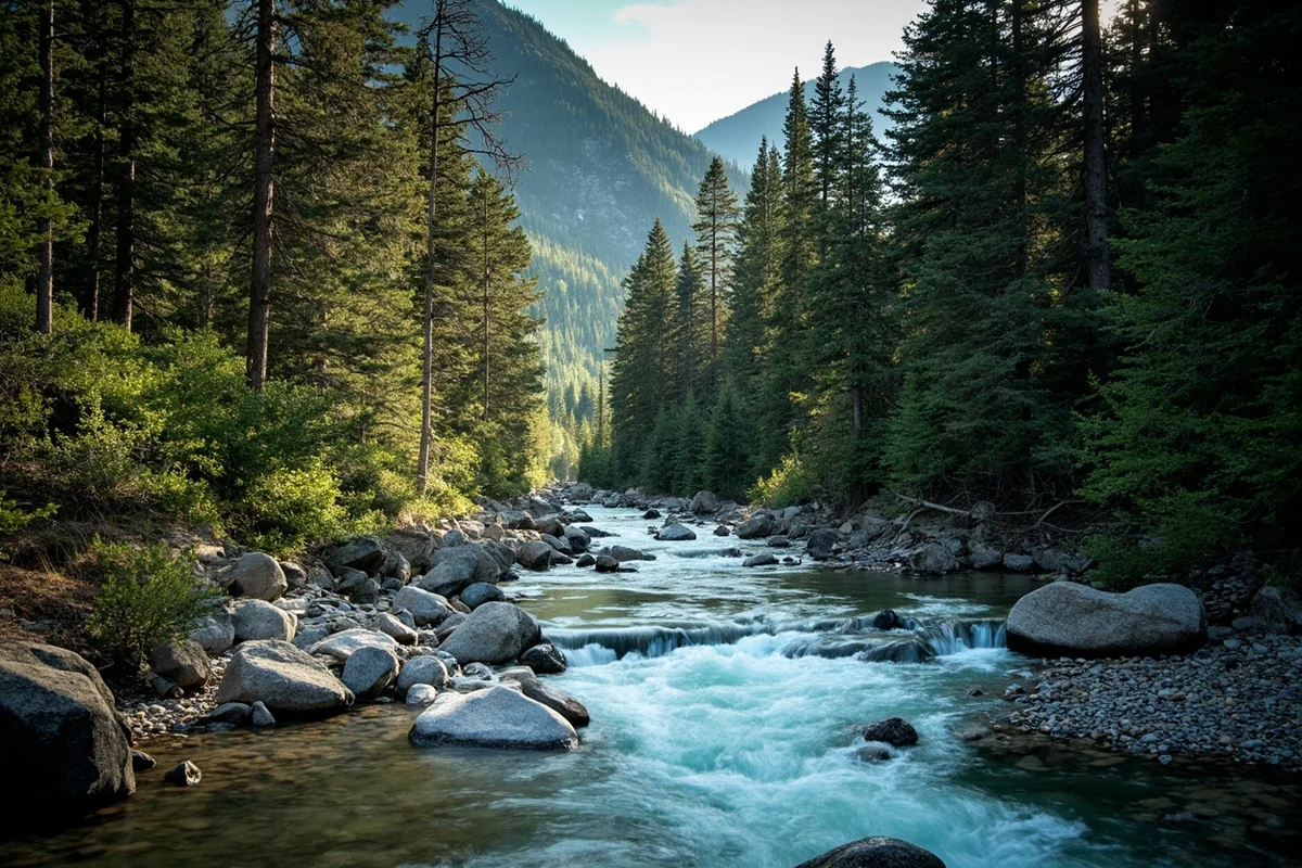The Boulder River flowing through a narrow forested canyon near Natural Bridge State Monument, Montana