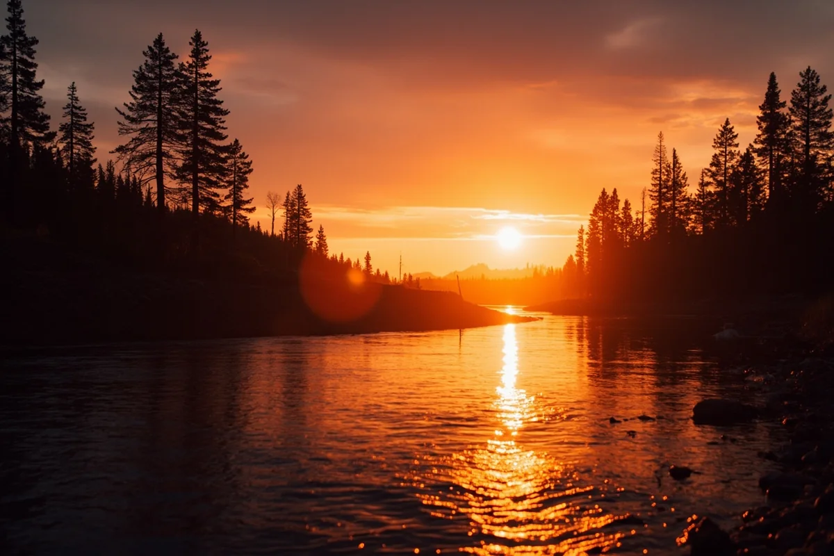 The Clark Fork River at sunset near Haugan, Montana, orange light reflecting on the water with silhouetted pines along the bank