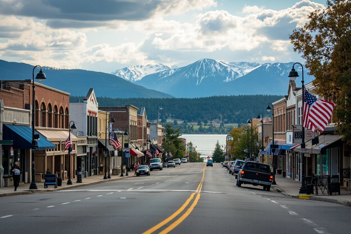 The main street of Superior, Montana with the Clark Fork River visible in the background and mountains rising behind the town