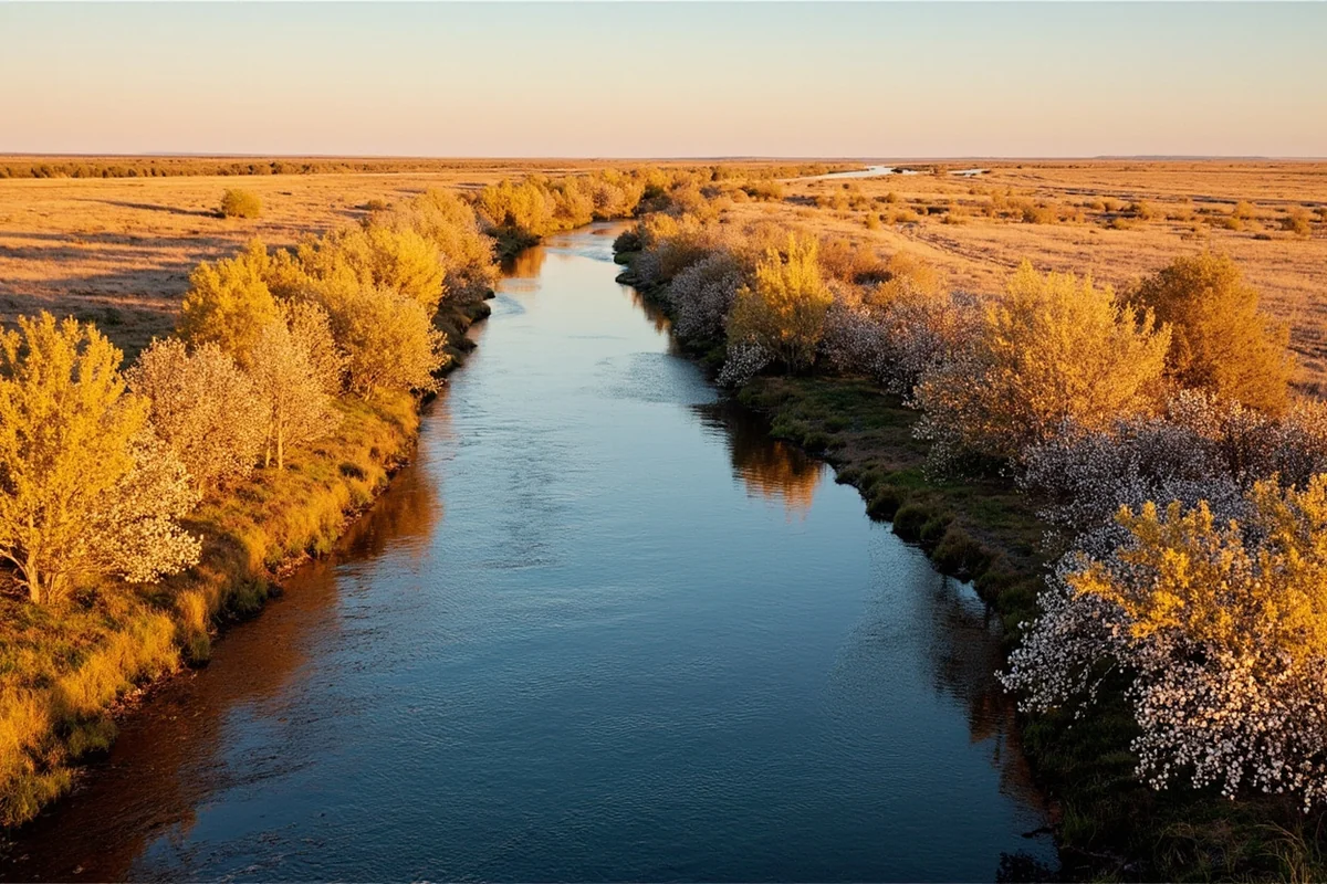 The Marias River winding through the high plains of Toole County, cottonwood trees lining the banks in fall color, empty landscape stretching to the h