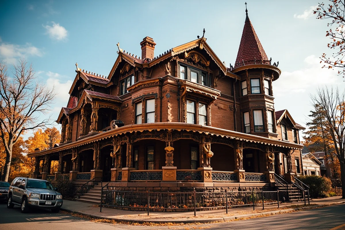 The ornate Victorian exterior of the Copper King Mansion in Uptown Butte on a clear autumn day