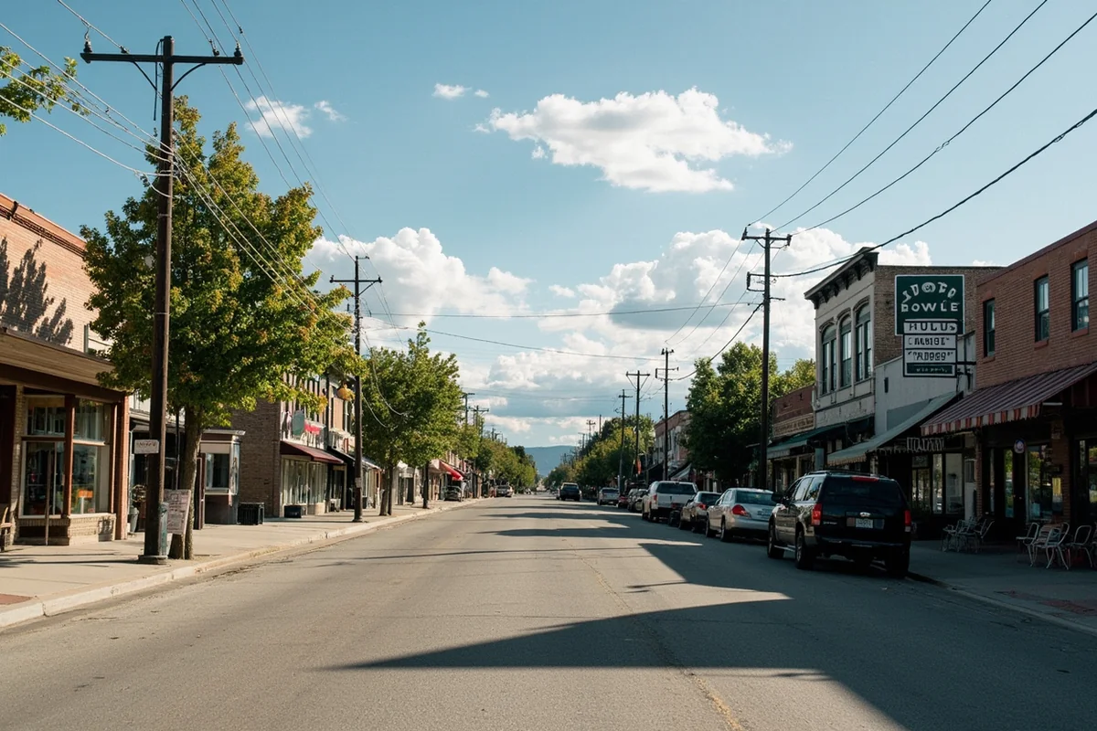 The small town main street of Terry, Montana on a summer afternoon, showing historic storefronts and a quiet two-lane street