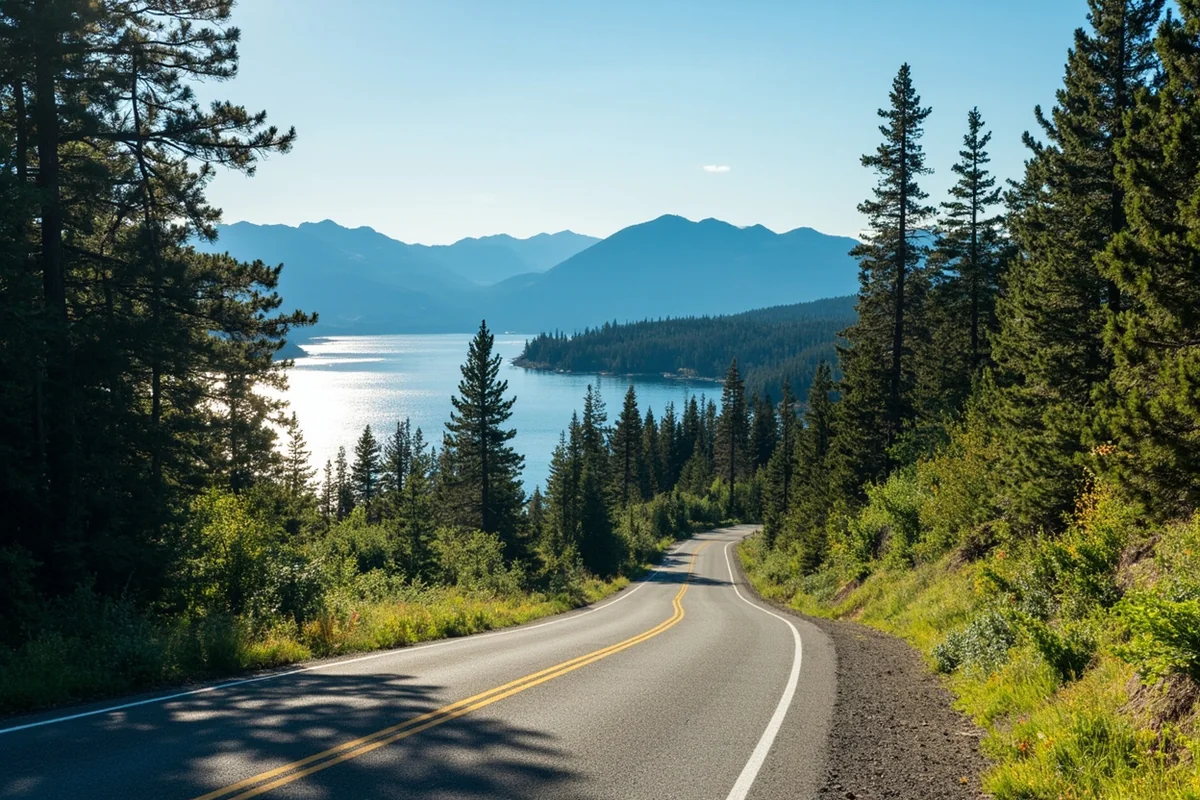 The west shore road of Flathead Lake with the lake sparkling on one side and dense forest on the other, on a clear summer afternoon