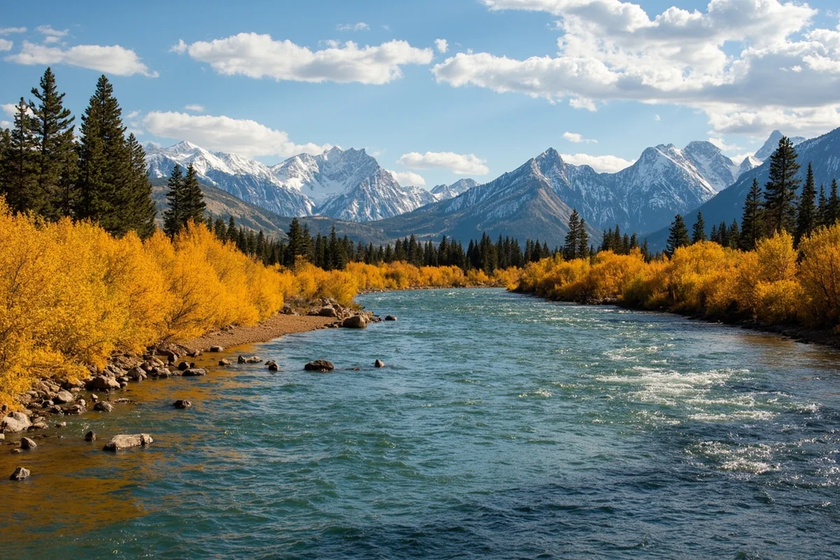 The Yellowstone River in autumn with golden cottonwood trees lining both banks and snow-capped mountains visible in the distance