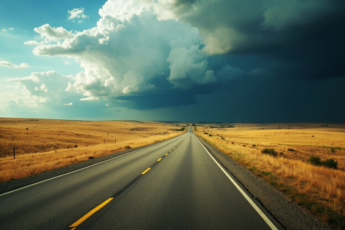 US Highway 2 cutting through golden prairie fields with storm clouds building over Pondera County
