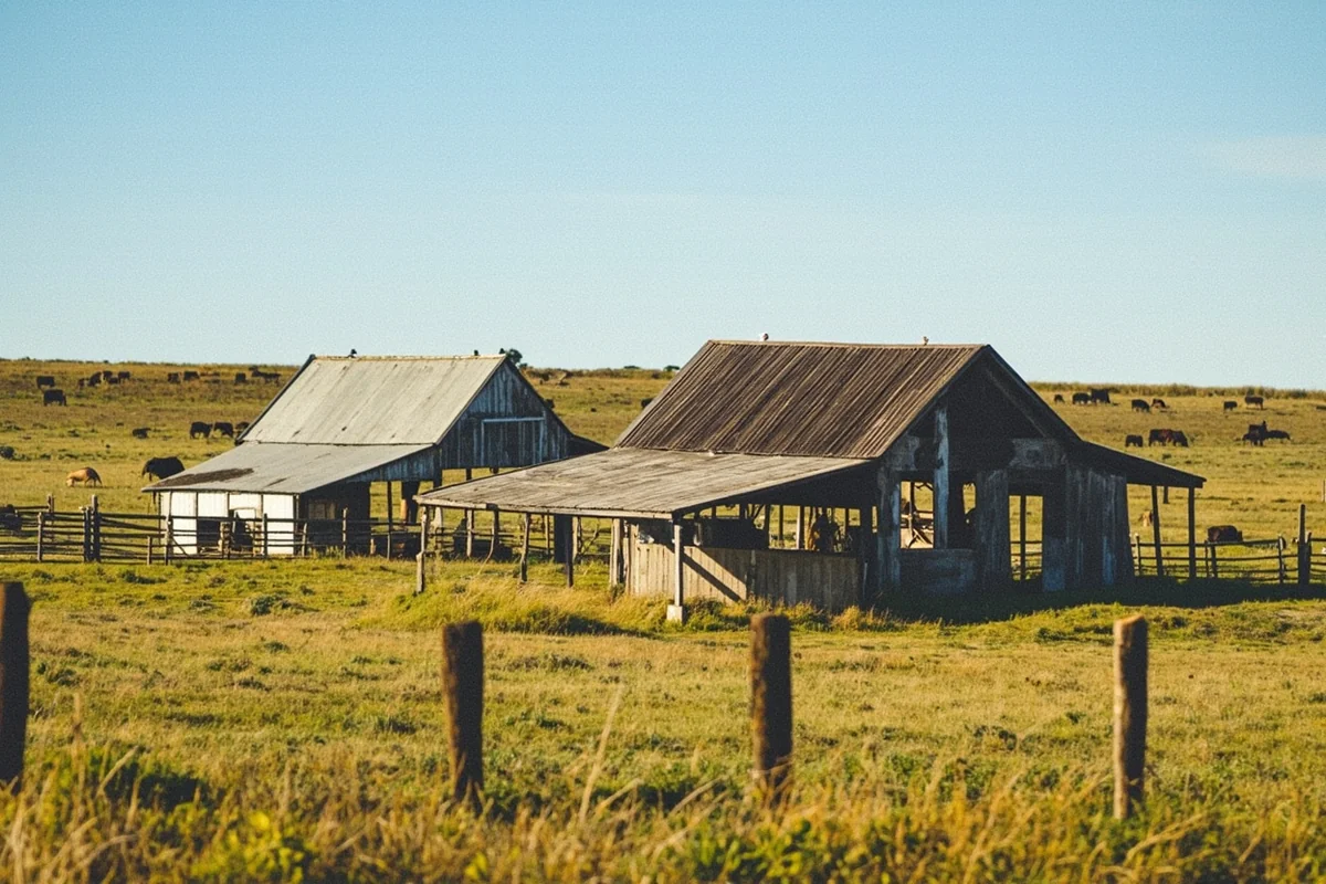 Weathered barn and outbuildings on working ranch with cattle visible in distant pasture