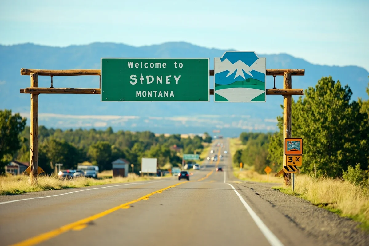 Welcome to Sidney Montana road sign on the main highway into town during summer