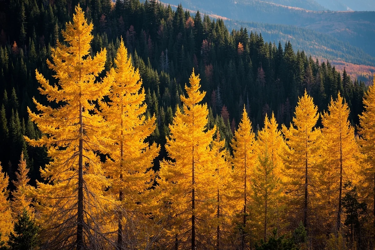 Western larch trees glowing gold against dark evergreens in the Cabinet Mountains during October