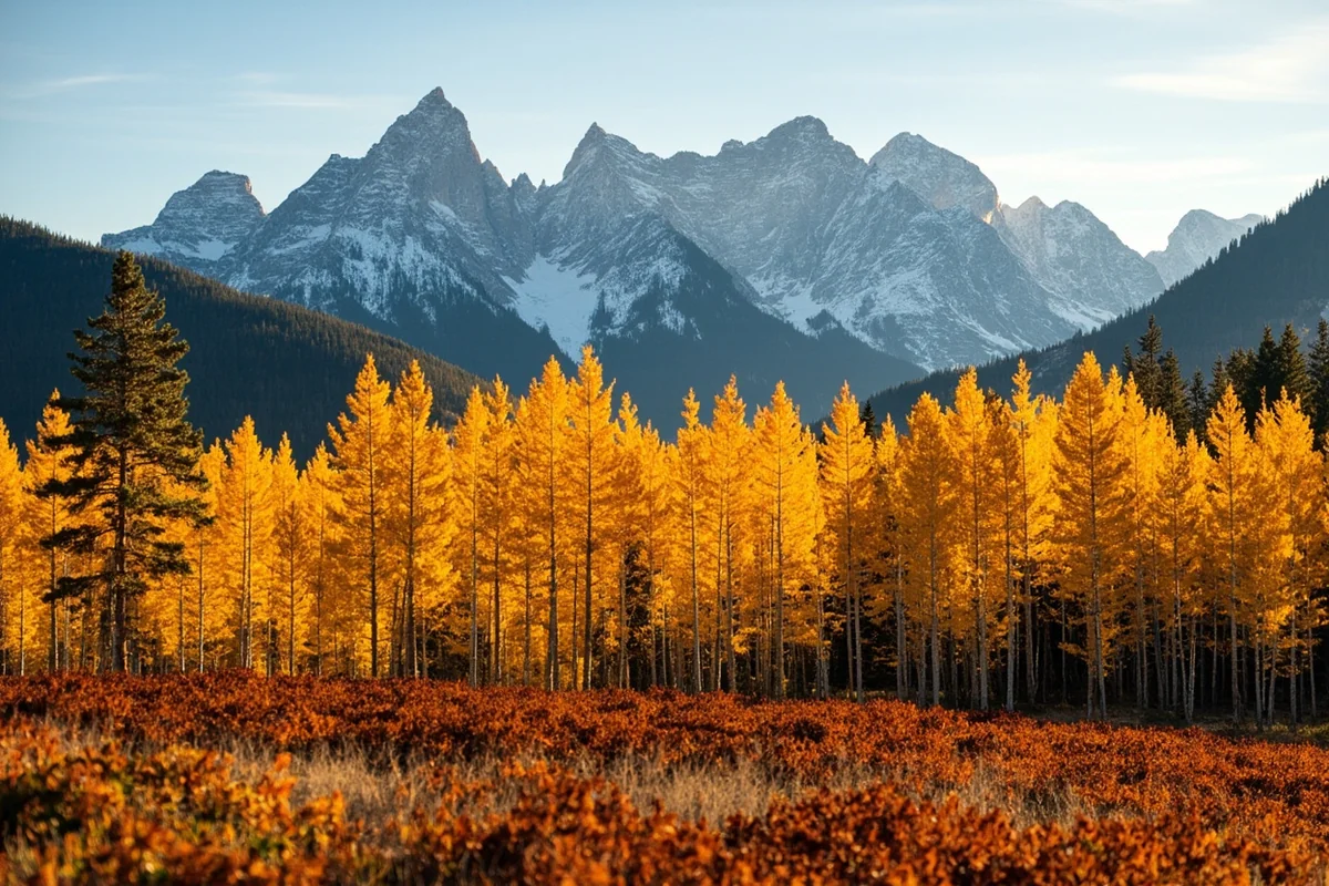 Western larch trees in full autumn gold color against Cabinet Mountains peaks in October