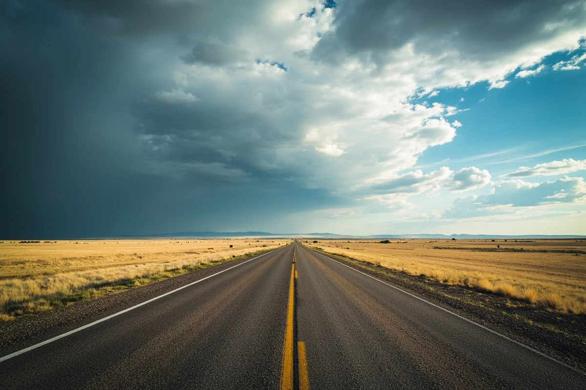 Wide angle view of Hi-Line Highway US-2 through Toole County, Montana, arrow-straight road vanishing into open prairie with dramatic sky above