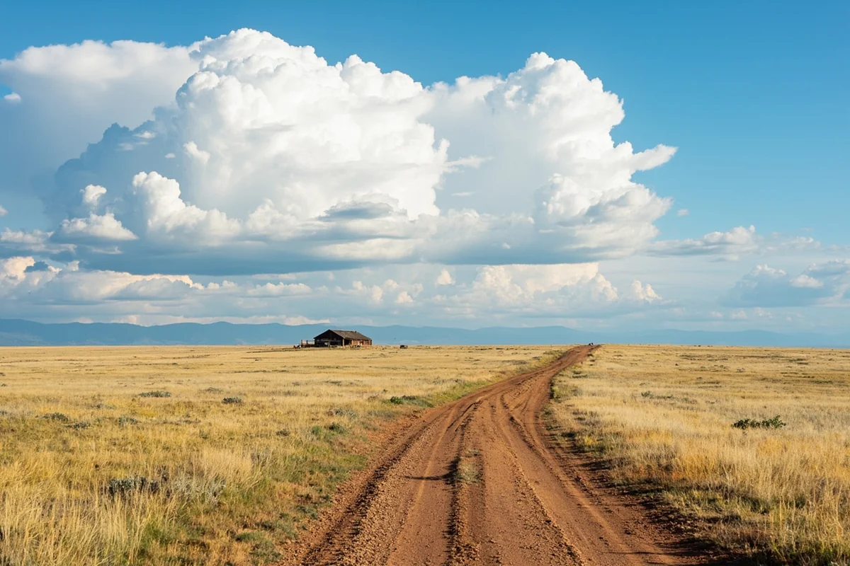 Wide open Montana prairie in McCone County with a lone ranch house in the middle distance, big cumulus clouds building overhead, and a dirt track lead