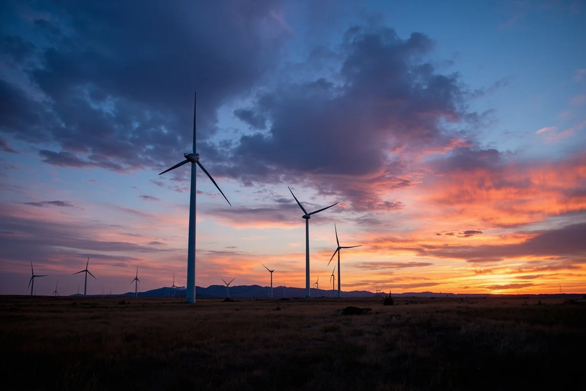 Wind turbines at Judith Gap against a dramatic Montana sky at dusk