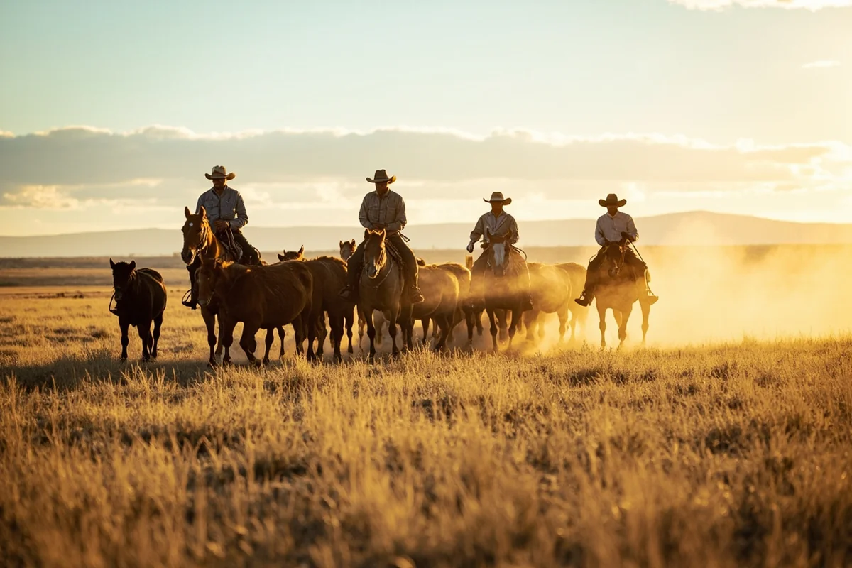 Working cattle ranch with cowboys on horseback, Powder River County wide grassland backdrop