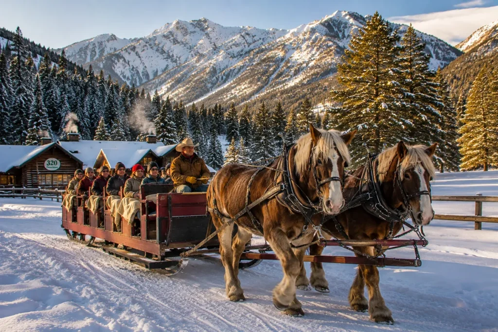 320 Guest Ranch Montana horse-drawn sleigh ride through snow-covered Gallatin Canyon with draft horses and a group of guests under blankets