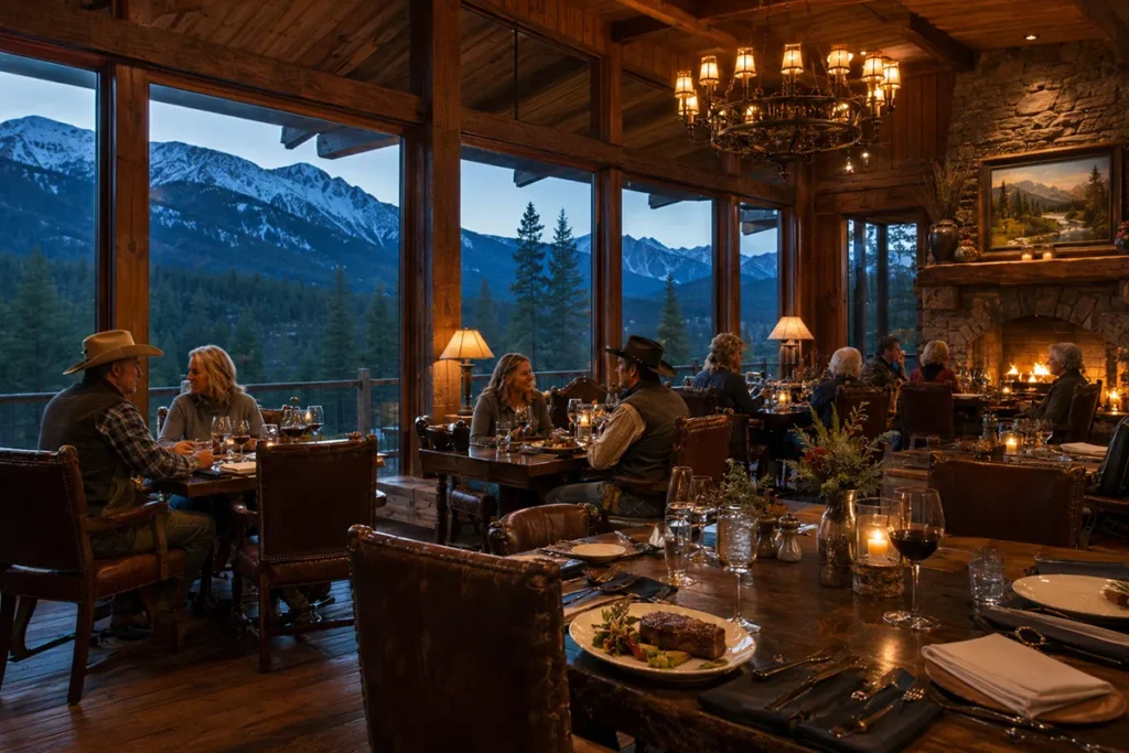 320 Guest Ranch Montana summer view showing the Gallatin River flowing past log cabin accommodations with mountain peaks and green forest