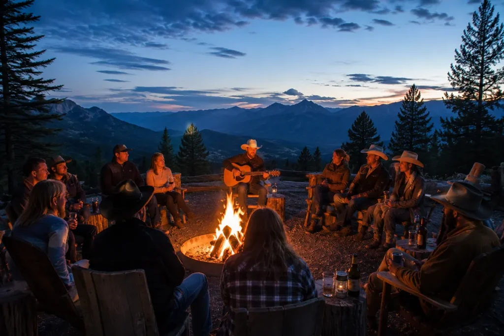 Bar W Guest Ranch Montana evening entertainment around a campfire on the ridge with guitar music and mountains visible in the background