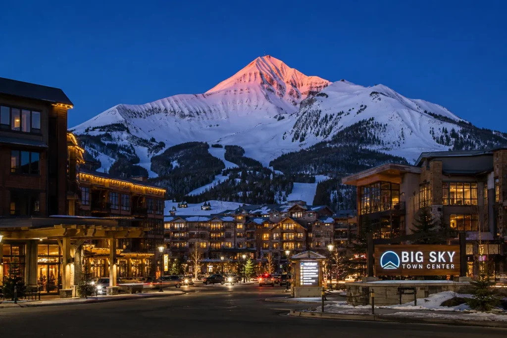 Big Sky Montana Town Center at dusk with Lone Mountain snow-capped peak rising dramatically behind the resort buildings