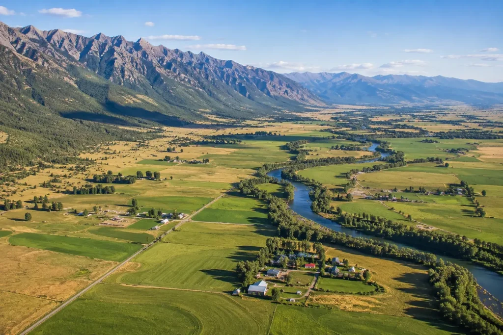 Bitterroot Valley ranch land near Hamilton Montana showing irrigated hay meadows with Bitterroot Mountains rising dramatically behind