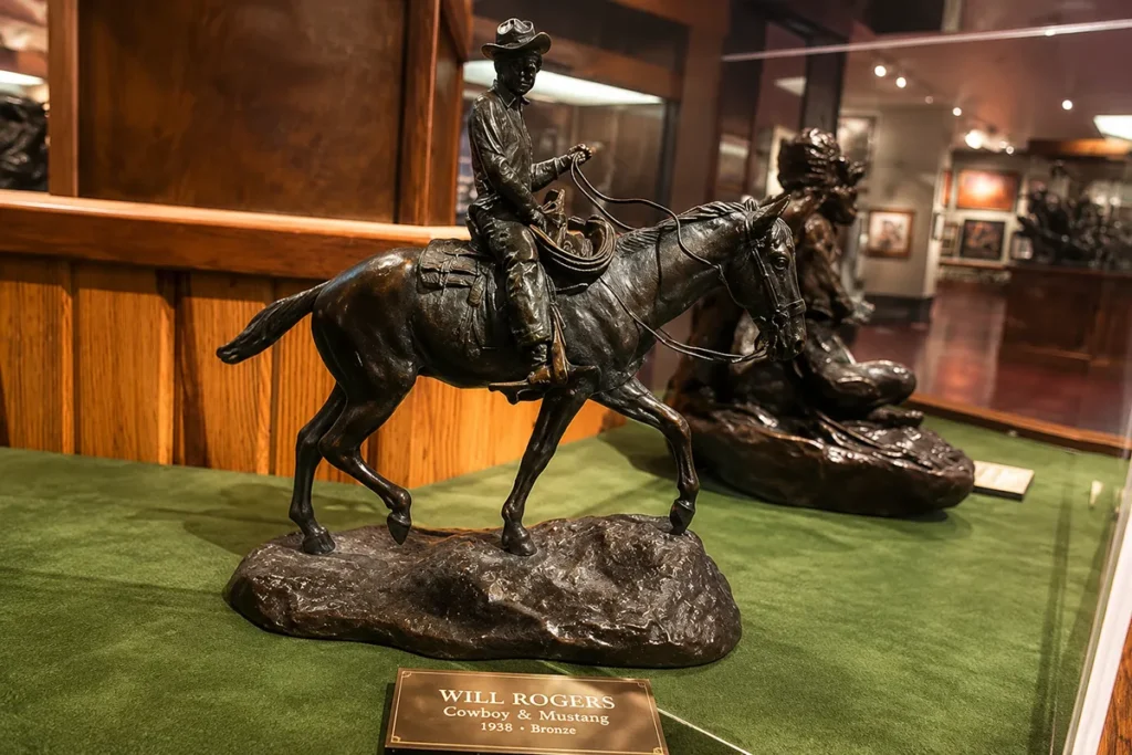 Bronze cowboy sculpture in the outdoor sculpture garden at the C.M. Russell Museum