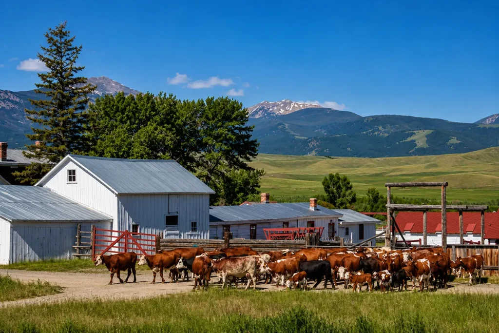 Cattle drive reenactment or historic cattle grazing at Grant-Kohrs Ranch in Deer Lodge, Montana