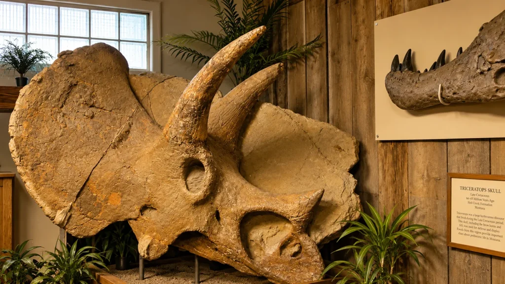 Complete Triceratops skull fossil on display at Carter County Museum in Ekalaka, Montana