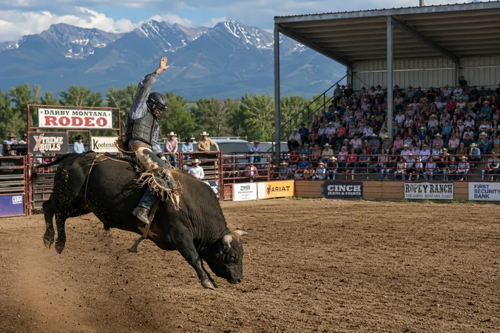 Darby Montana Rodeo at Richard Cromwell Memorial Rodeo Grounds with bull riding and Bitterroot Mountains backdrop