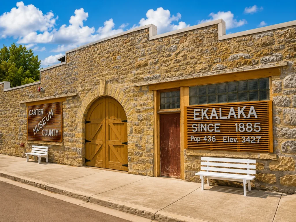 Exterior of Carter County Museum in Ekalaka, Montana, housed in a former automotive garage