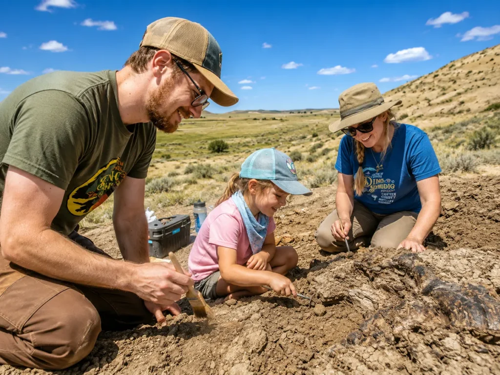 Families participating in a hands-on fossil dig expedition during the Dino Shindig near Ekalaka, Montana