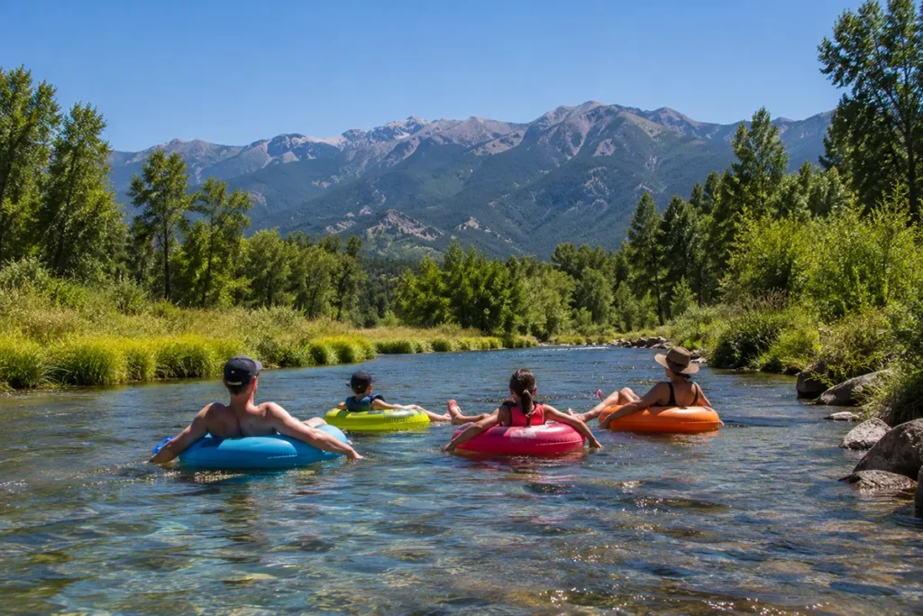 Family floating in inner tubes on a calm stretch of the Bitterroot River in Montana