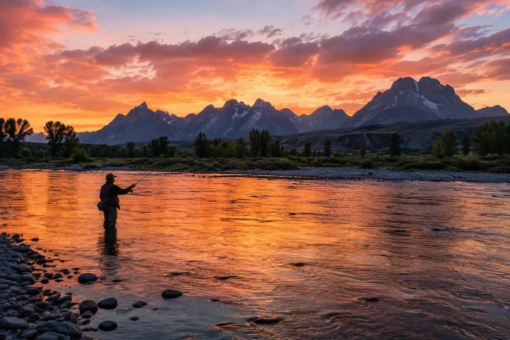 Fly fisherman casting into the Madison River near Ennis, Montana at sunset